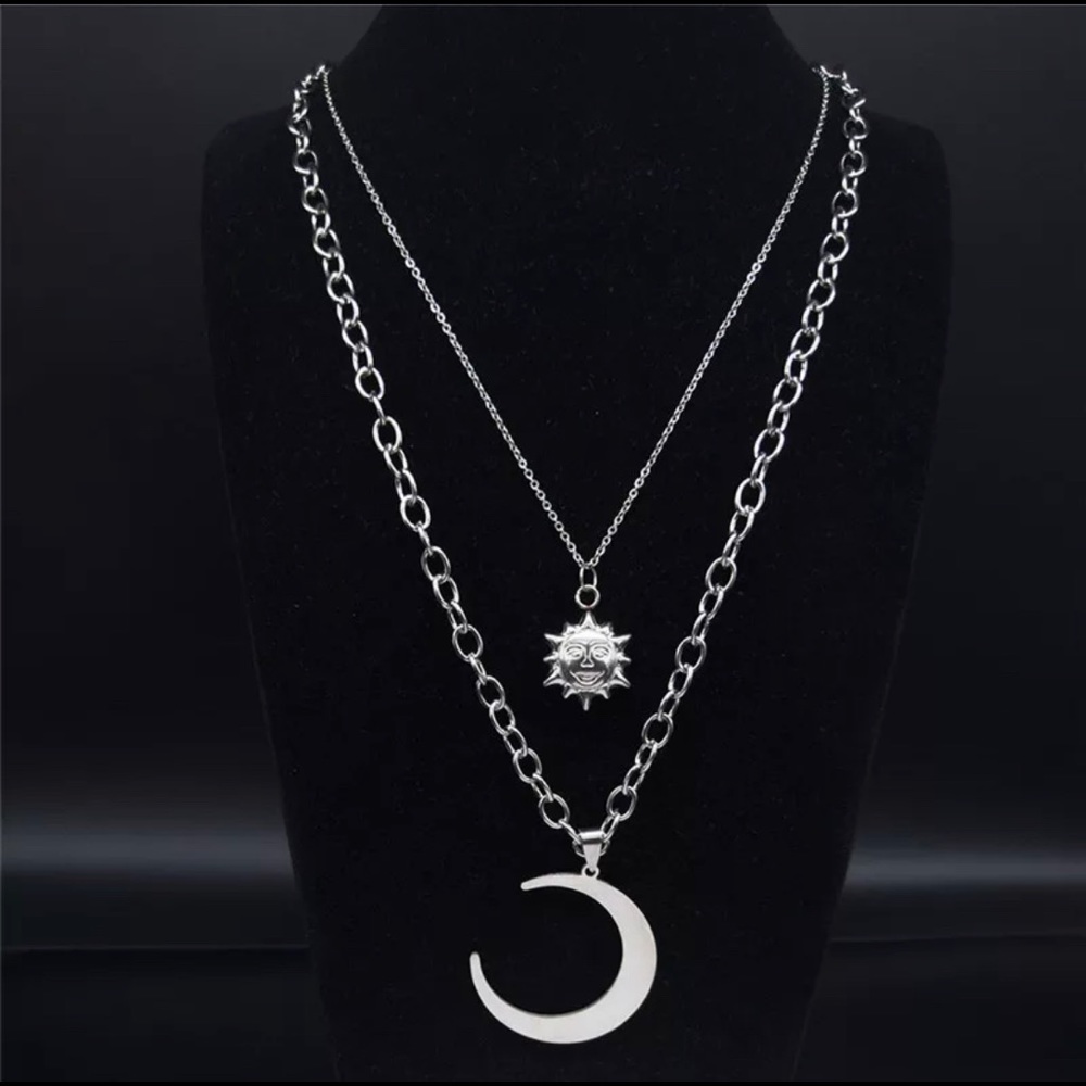 Stainless Steel Sun Moon Silver Long Necklace